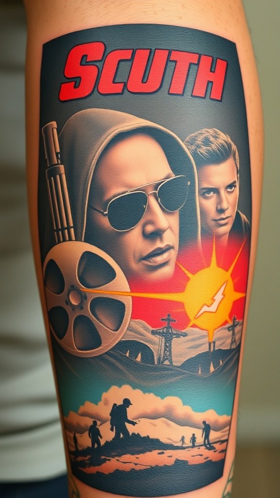 Tattoo design inspired by a classic movie poster featuring characters and cinematic elements.