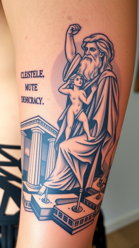 Tattoo of Cleisthenes, the Father of Democracy, with a child and Greek architecture.