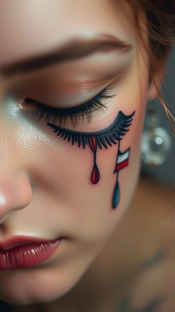 Tattoo of a closed eye with colorful tears and detailed eyelashes.