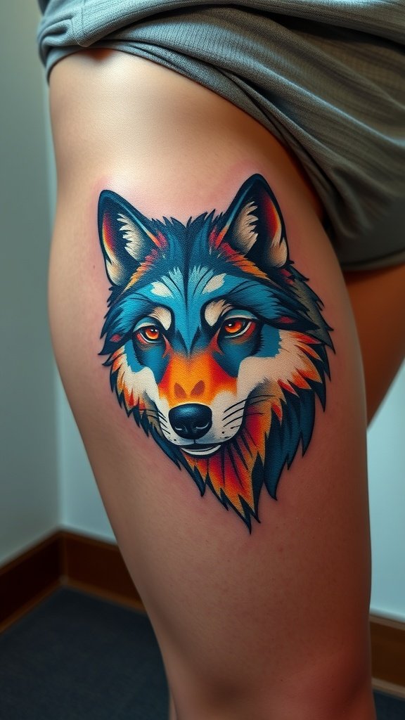 Colorful polygonal wolf tattoo on a thigh