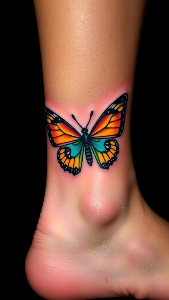Colorful swallowtail butterfly tattoo on an ankle