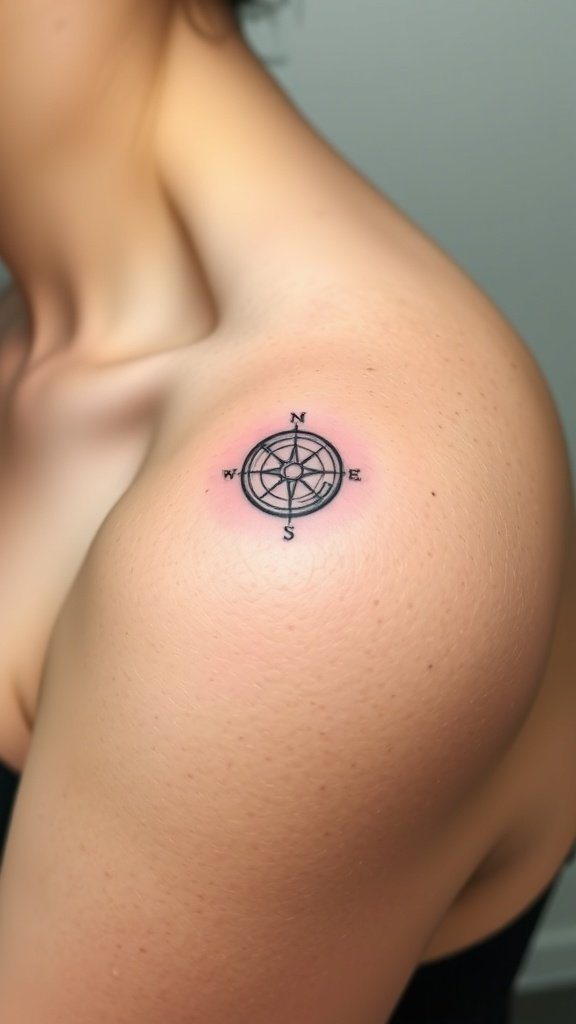 A close-up of a compass tattoo on a shoulder.