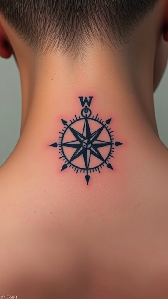 Compass rose tattoo on the back of a person's neck