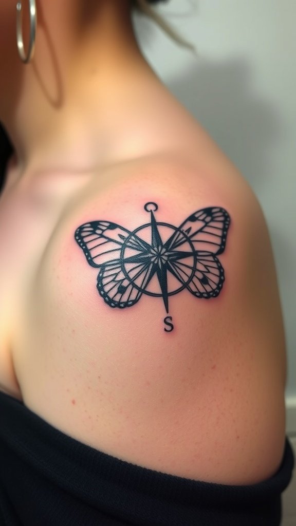 A tattoo featuring a compass and a butterfly on a person's shoulder.