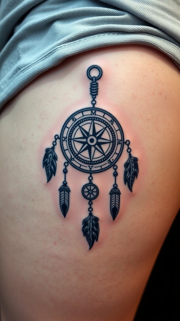 Tattoo design featuring a compass integrated with a dreamcatcher and feathers.