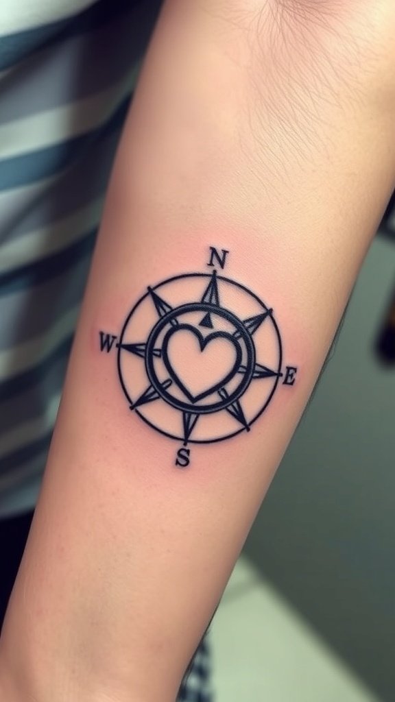 A tattoo of a compass with a heart on a hand.