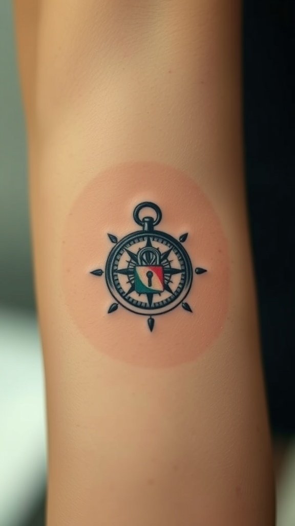 Compass tattoo featuring a lock design