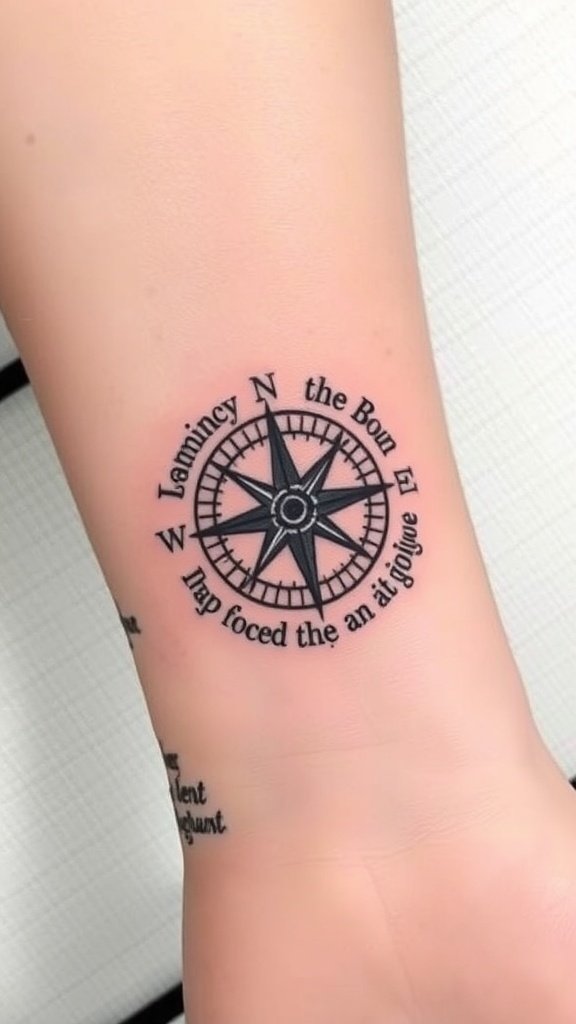 Compass tattoo with a quote on the forearm