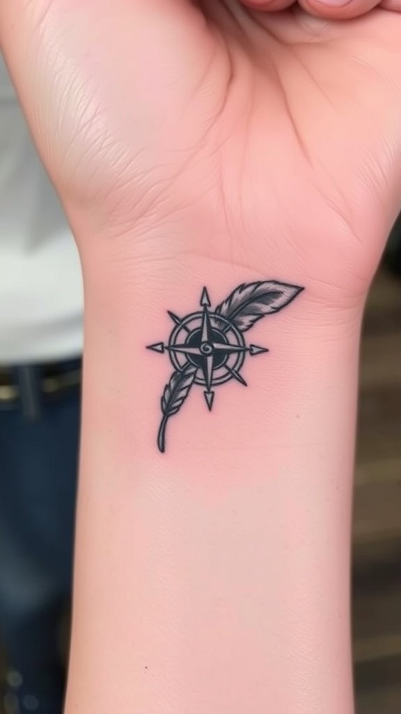 A tattoo of a compass with a feather on a person's wrist.