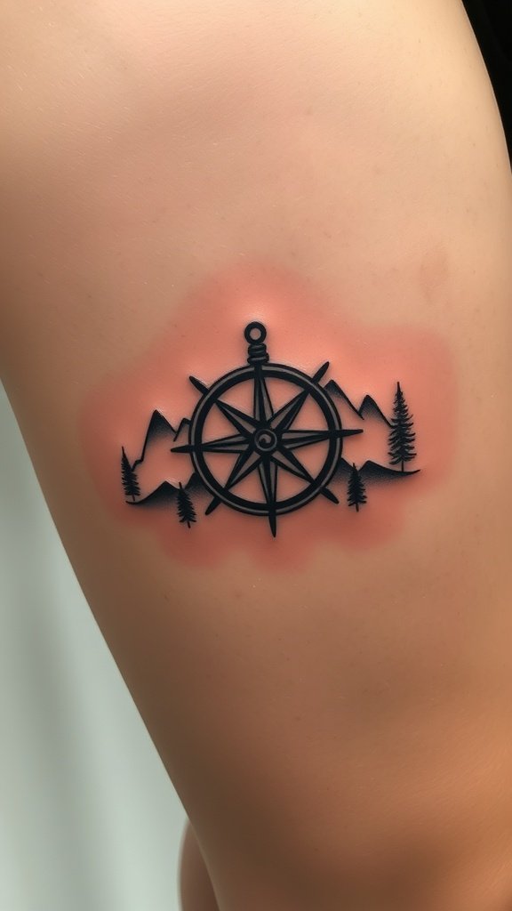 Compass tattoo design featuring mountains and trees