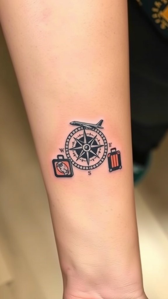 Tattoo of a compass with travel elements including a suitcase and an airplane.