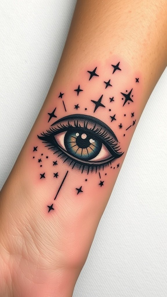 A lifelike cosmic eye tattoo with stars surrounding it on a person's arm.