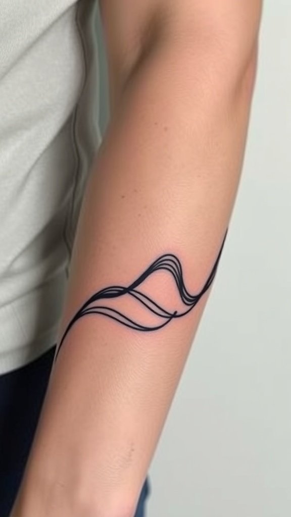 Tattoo of a wave intertwined with musical notes on the ribcage.