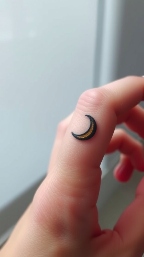 Tiny crescent moon tattoo on a finger