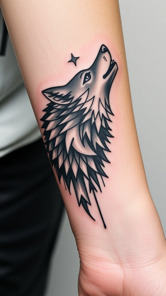 A tattoo featuring a polygonal wolf design with a crescent moon.