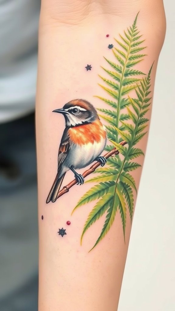 Watercolor tattoo of a wren bird sitting on a branch with ferns
