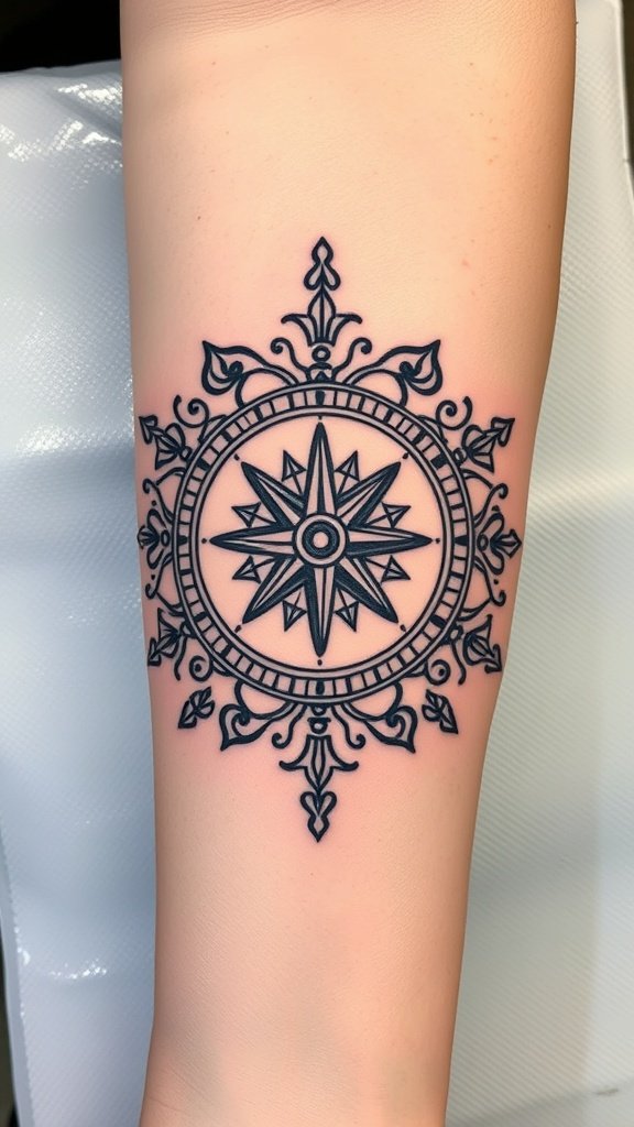Decorative compass tattoo with mandala design on arm