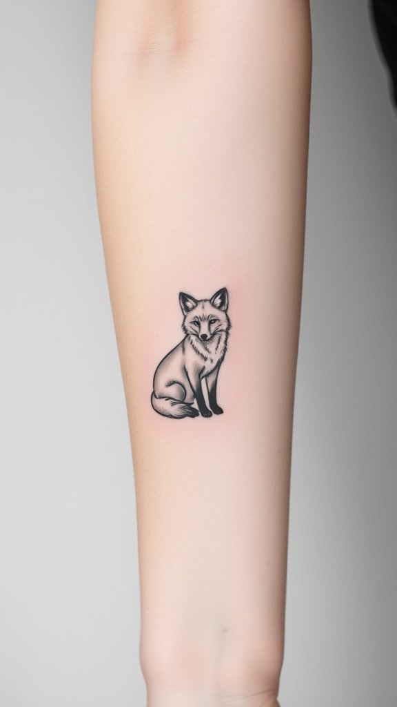 Minimalist tattoo of a fox in delicate line drawing style.