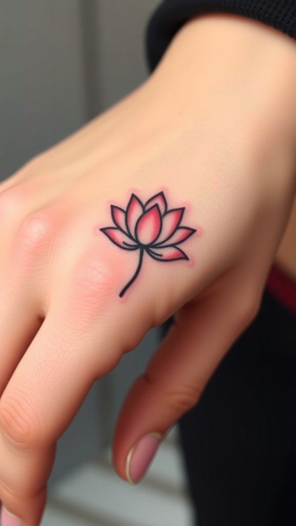 A delicate lotus flower tattoo on a finger.