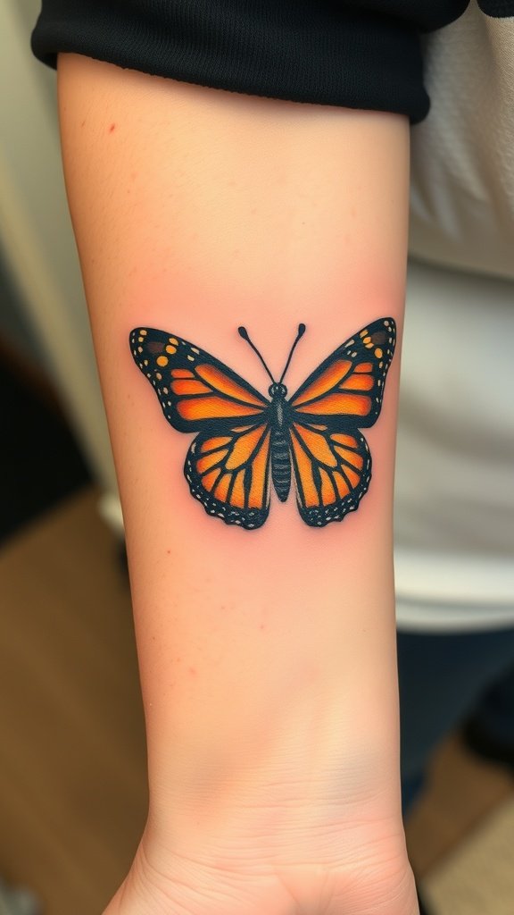 A close-up of a delicate monarch butterfly tattoo on a person's forearm.