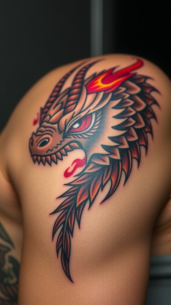 A detailed dragon eye tattoo on a person's shoulder, featuring vibrant colors and intricate designs.