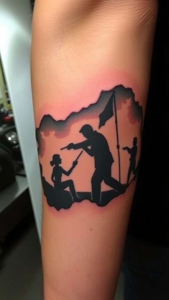 Tattoo depicting silhouettes of characters in a dramatic scene from a cult classic film.