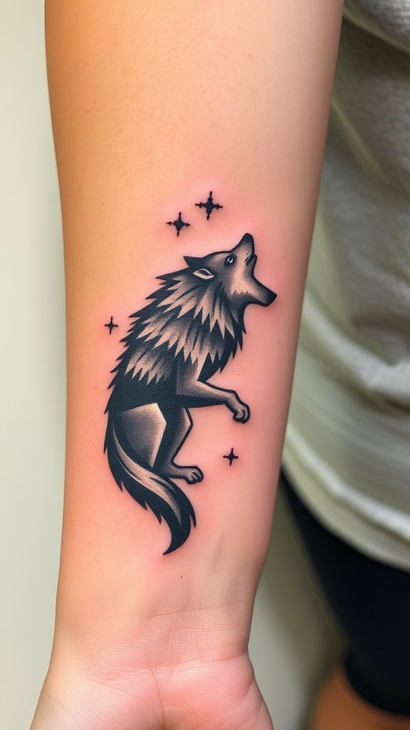A tattoo of a howling wolf with stars in the background.