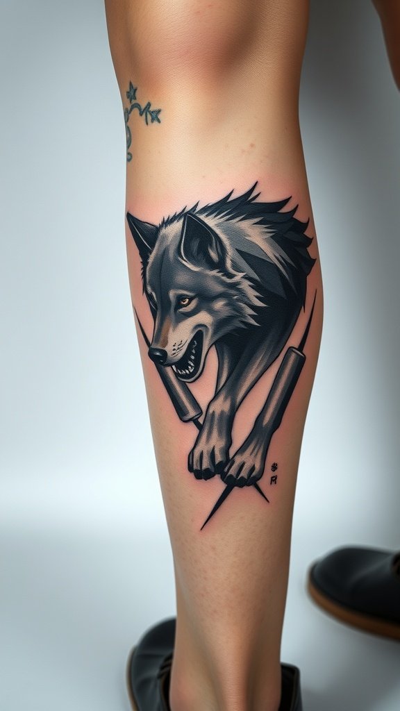 Dynamic polygonal wolf tattoo on a leg