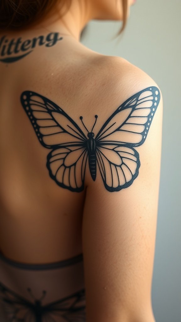 Minimalist butterfly tattoo on a woman's shoulder