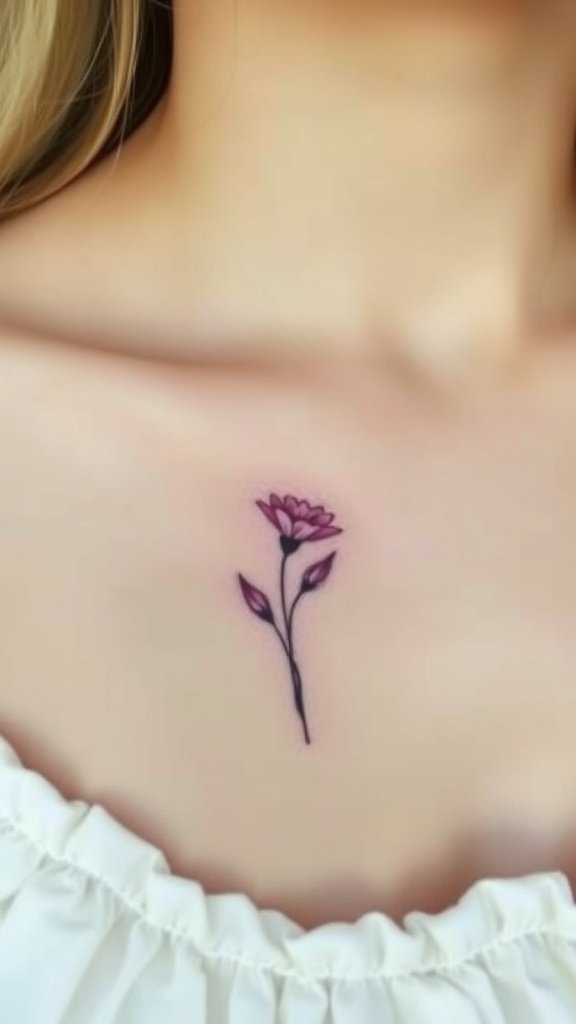 A small tattoo of a pea flower on a person's chest.