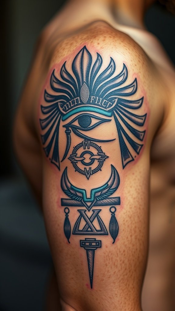 A detailed Eye of Horus tattoo on a person's arm, showcasing intricate designs and vibrant colors.