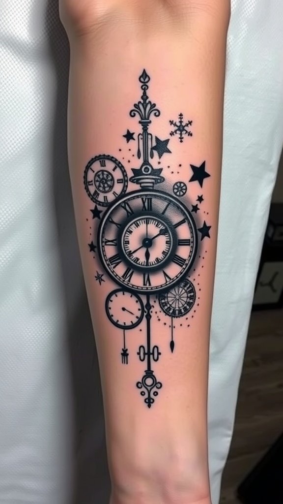 Tattoo design featuring an eye intertwined with clock elements.