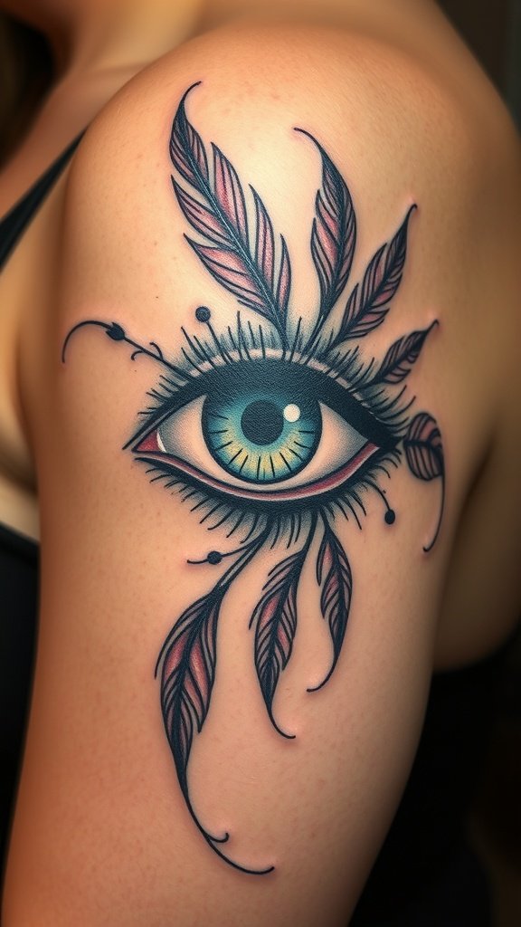 Tattoo of an eye surrounded by colorful feathers on a shoulder.