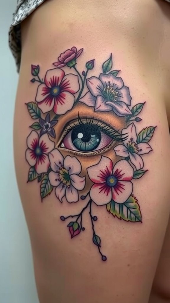 Tattoo of an eye surrounded by colorful flowers on a person's thigh.