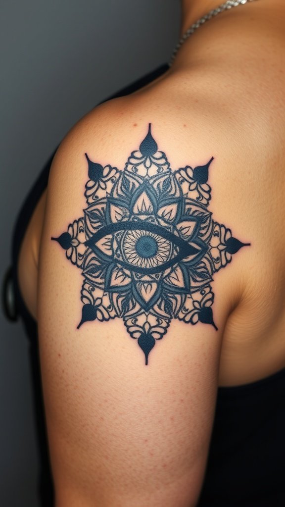 Tattoo of an eye surrounded by intricate mandala patterns on a person's shoulder.