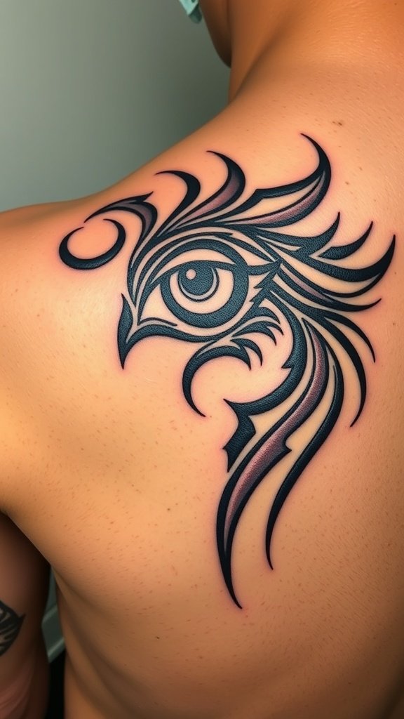 Tribal eye tattoo on a person's shoulder