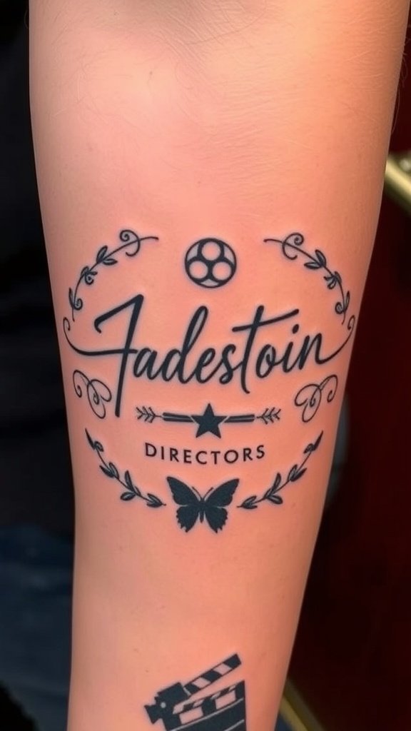 Tattoo featuring the word 'Fadestoin', a film reel, and decorative elements.