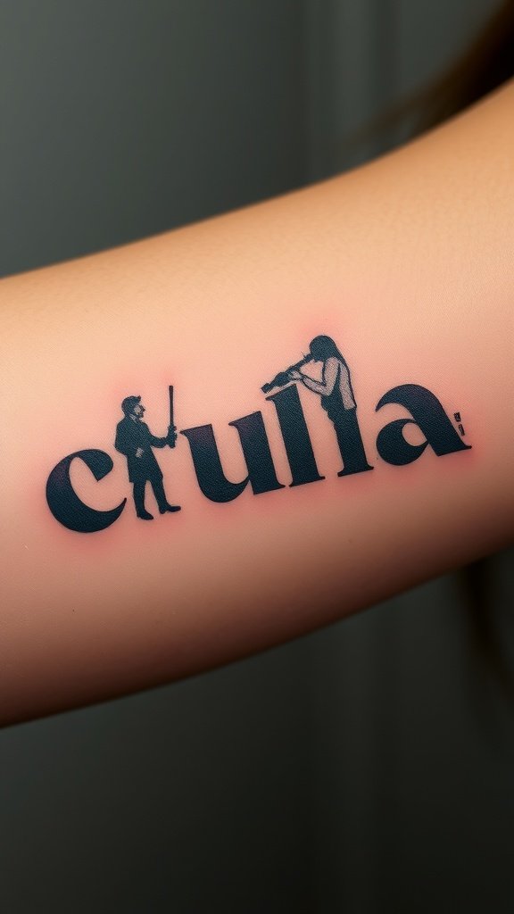 Tattoo featuring silhouettes of characters with the word 'cult'