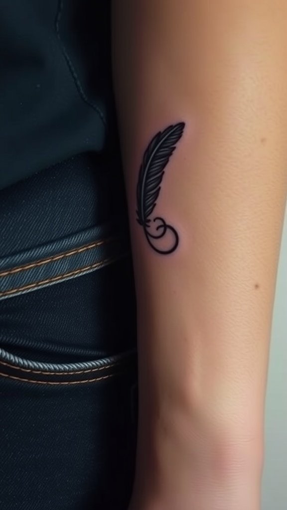 A tattoo of a feather intertwined with an infinity symbol on the arm.