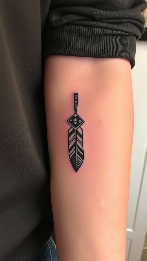 A tattoo of a feather with geometric shapes on a person's arm.