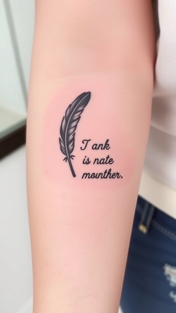 A tattoo of a feather with the quote 'Lust my soul to thing...' on a person's lower back.