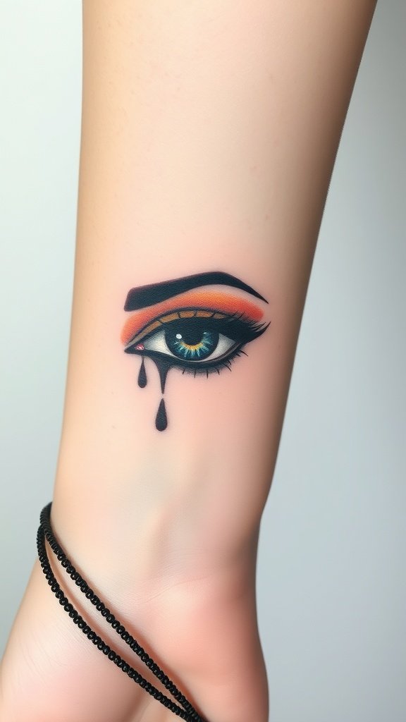 A lifelike feminine eye tattoo with makeup, featuring bold eyeliner and colorful eyeshadow, along with a tear drop.
