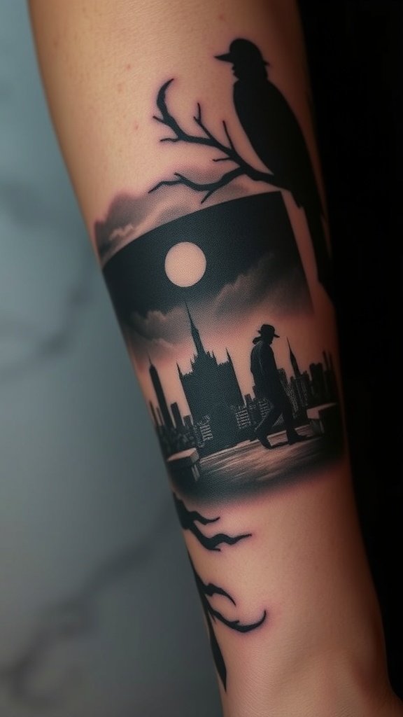 A film noir inspired tattoo featuring a silhouette of a man walking in a cityscape under a full moon, with a bird perched on a branch.
