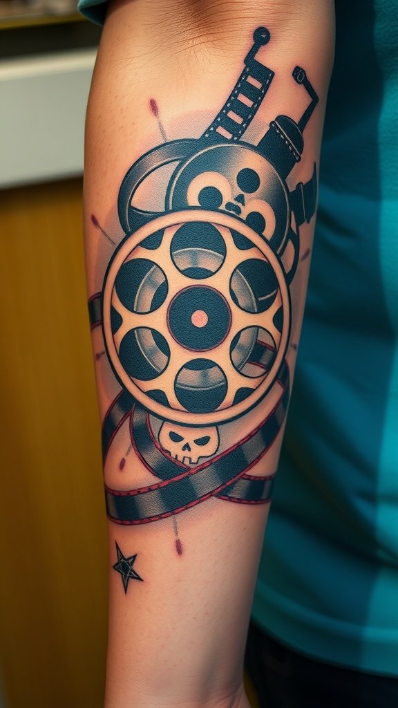 Tattoo of a film reel with a skull and star elements