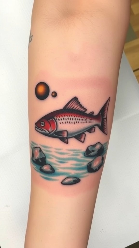 A colorful fish tattoo swimming above rocks in a stream.