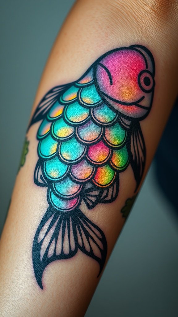 A colorful fish scale pattern tattoo on a person's arm.