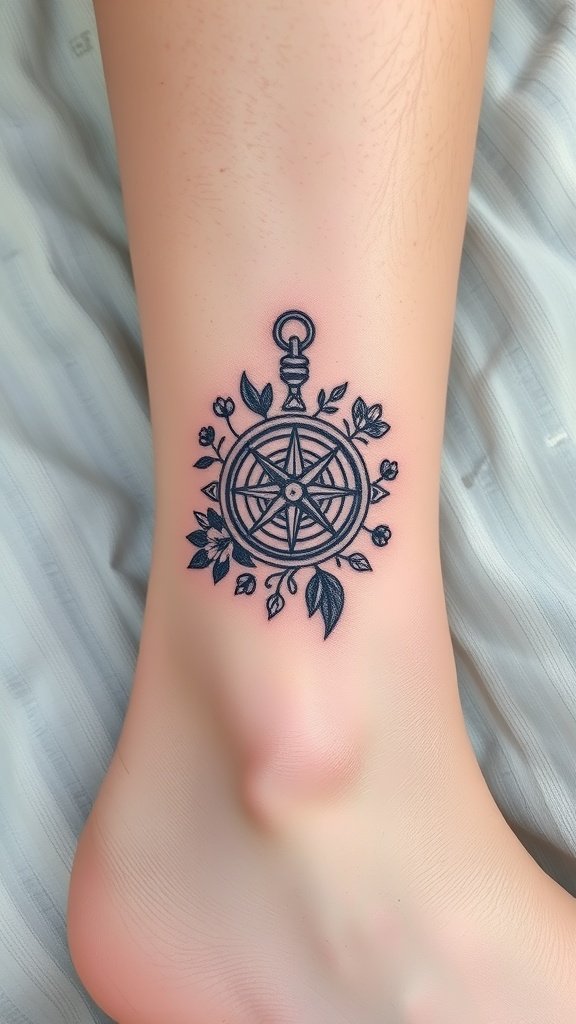 Floral compass tattoo design on a leg
