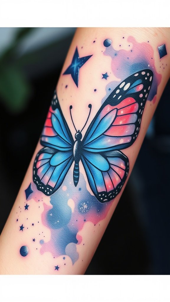 A colorful butterfly tattoo with blue and red wings surrounded by galaxy elements like stars and planets.