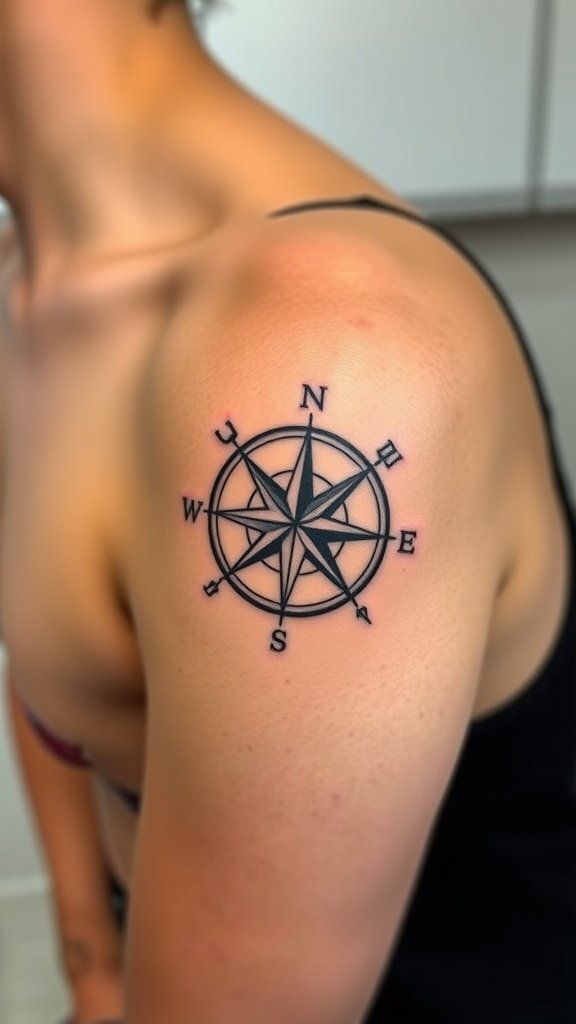 Geometric compass tattoo on shoulder with star design