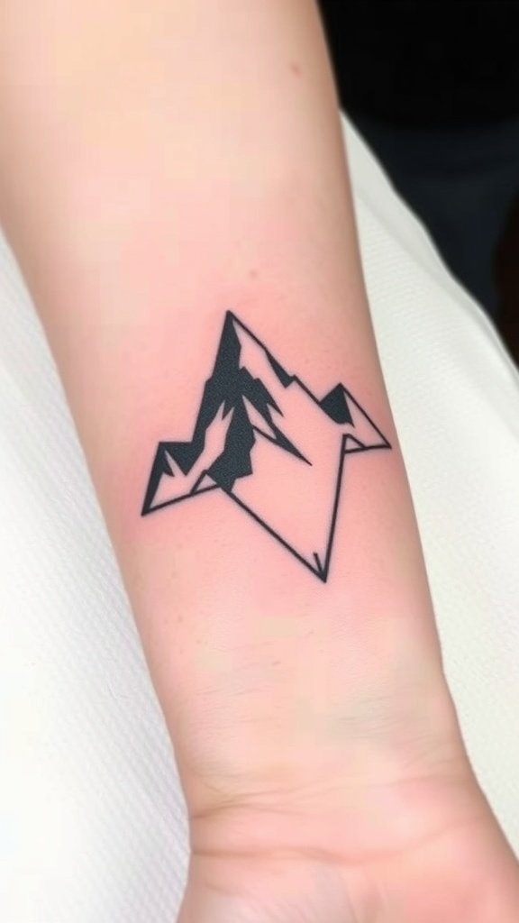 A geometric mountain outline tattoo on a person's forearm.